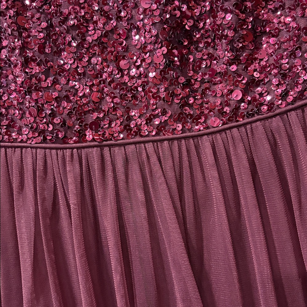 Adrianna Papell Sequin & Tulle Short Sleeve Maxi Gown Burgundy Wine Modest 6 - Picture 5 of 6